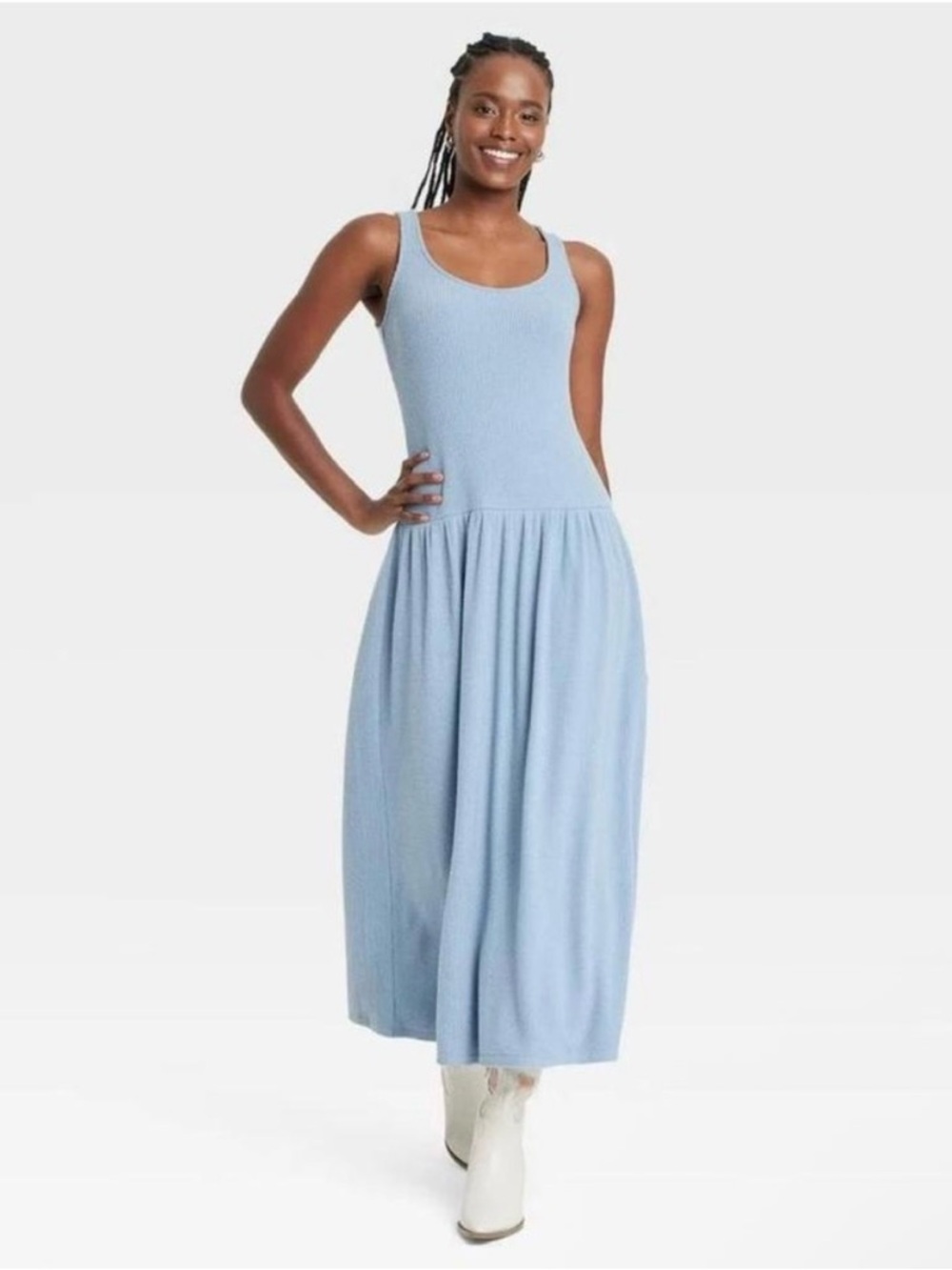 Universal Thread Women's Ribbed Drop Waist Knit Midi Slip Dress Blue Size M